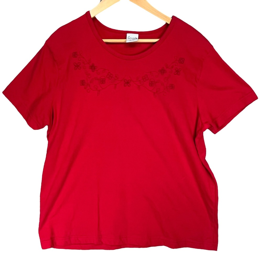 Cascade Blues Women's Red Floral Embroidered Cottagecore Short Sleeve Top‎ L 14